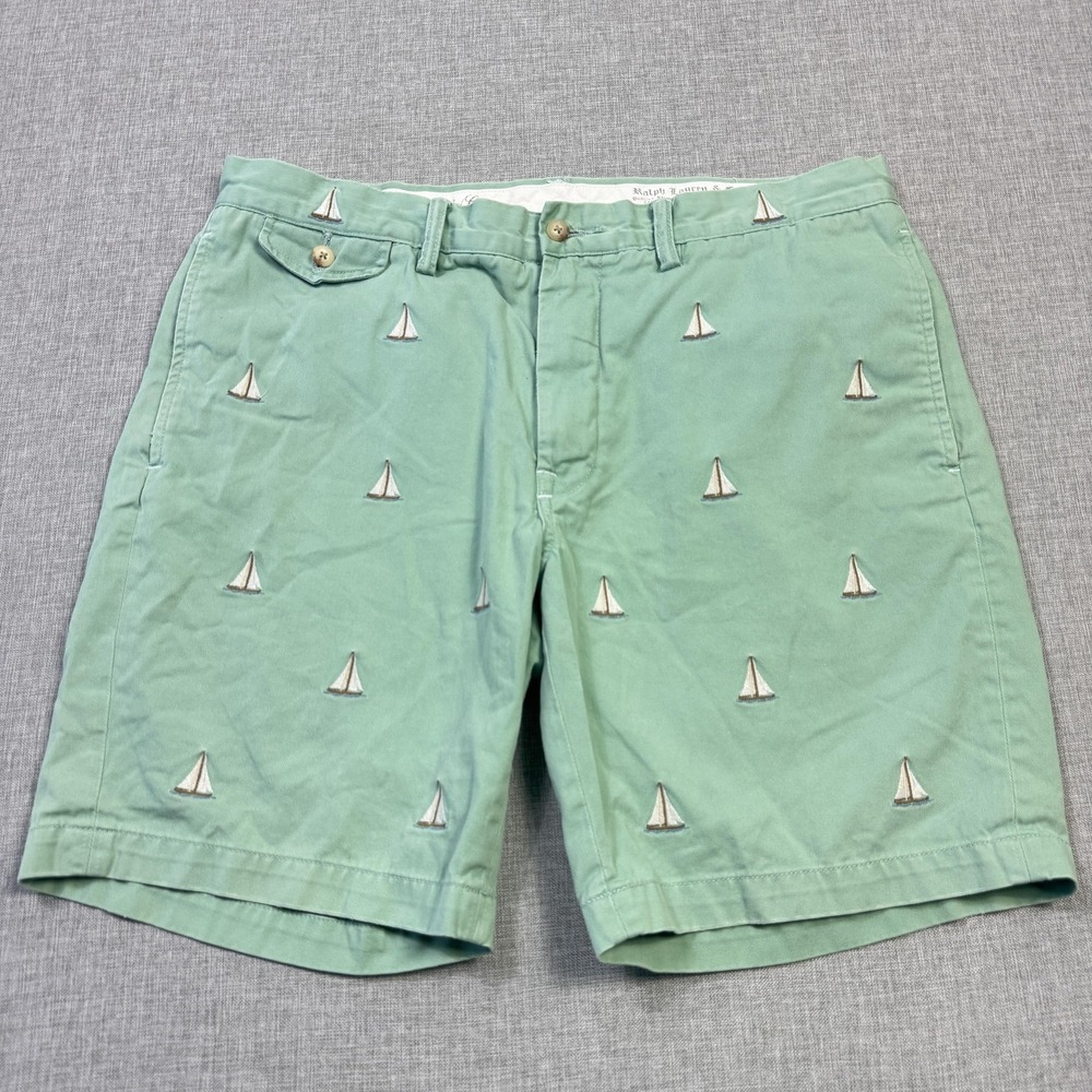 Polo Ralph Lauren Sailboats Chino Shorts Mens 35‎ Green Cotton Slim 8" Inseam